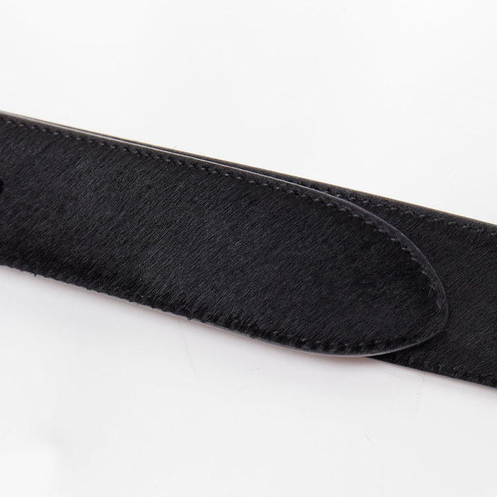 SAINT LAURENT gold tone hammered heart buckle black calf hair belt 80cm