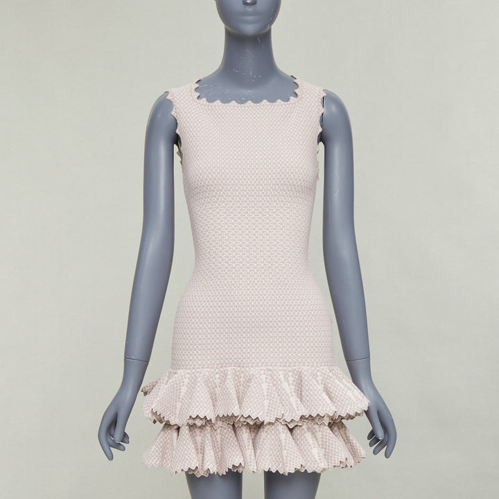 ALAIA  2011 pink beige textured dot weave scalloped ruffle mermaid dress FR36 S