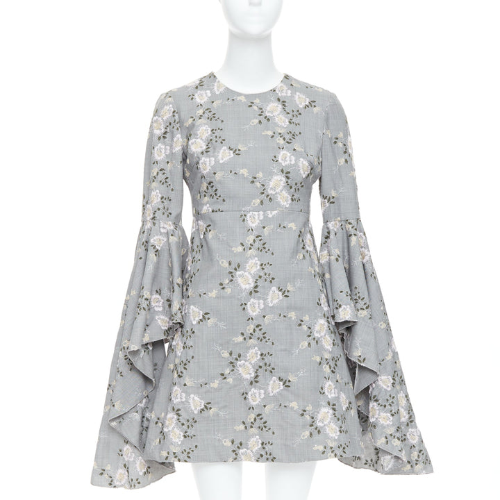 GIAMBATTISTA VALLI grey wool floral embroidery cascade bell sleeve dress IT38 XXS