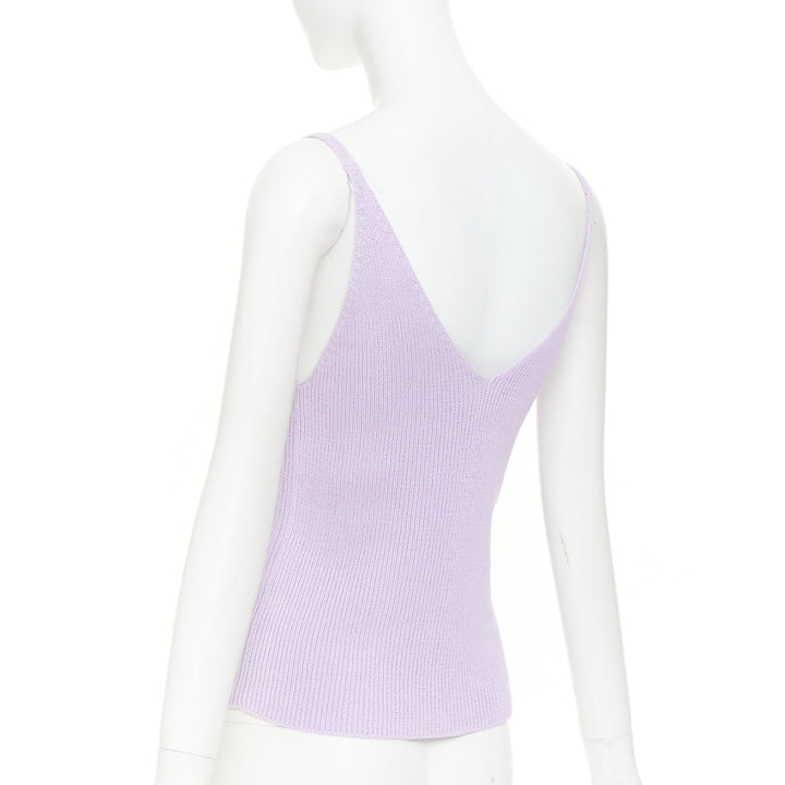 JIL SANDER lilac purple chevron pointelle ribbed knit v neck tank top FR32 XXS