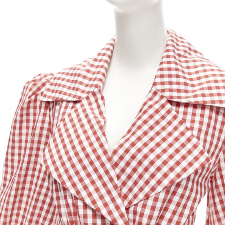 BALMAIN red white gingham cotton tie belt bishop sleeves cottage top FR34 XS