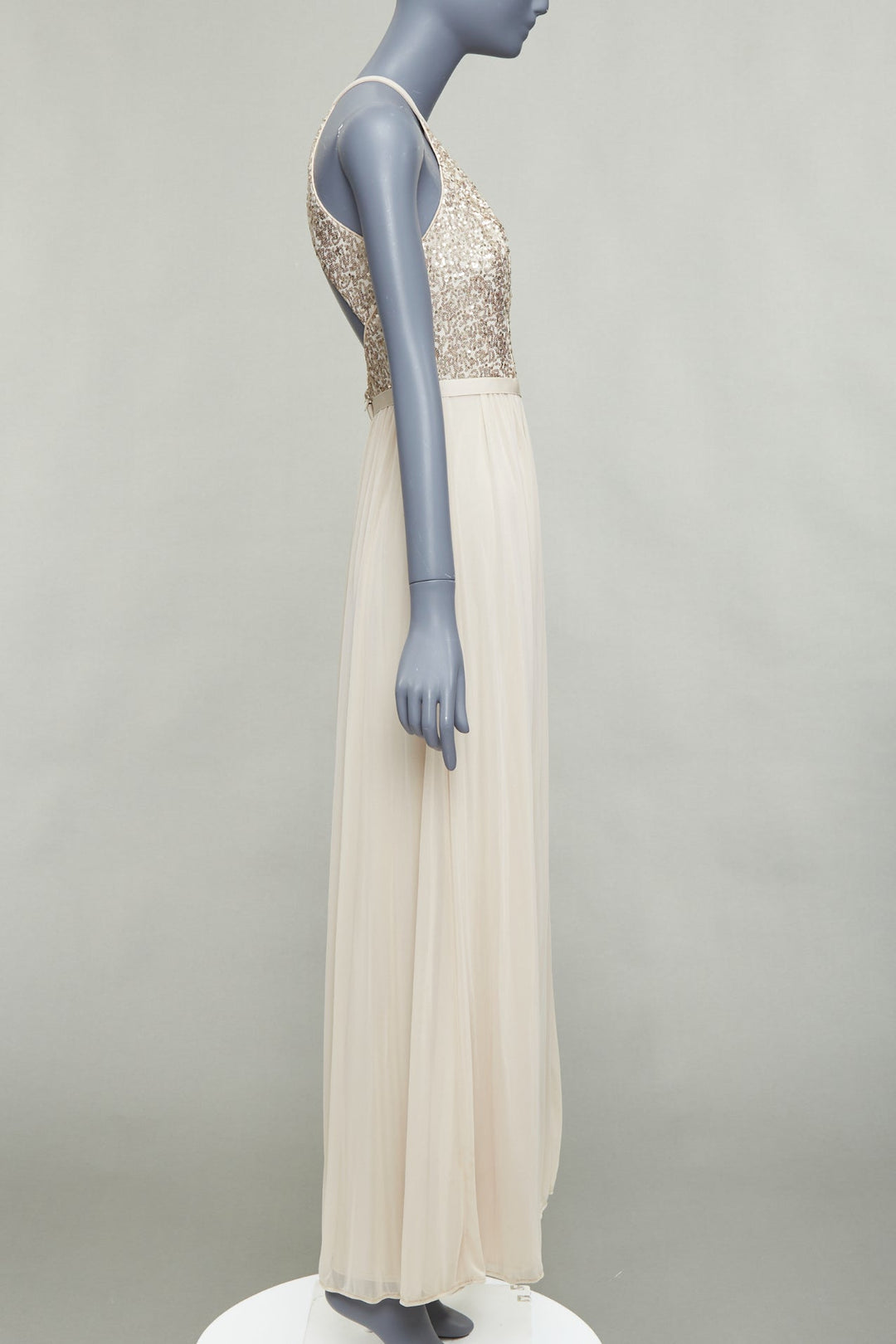 DAVID'S BRIDAL champagne sequin bodice halter ruched goddess dress US0 XS