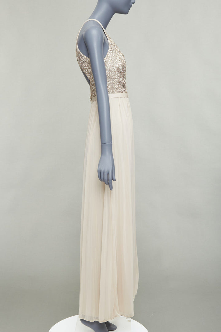 DAVID'S BRIDAL champagne sequin bodice halter ruched goddess dress US0 XS