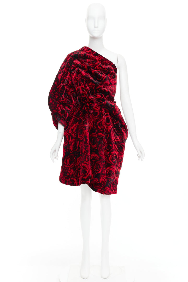 DRIES VAN NOTEN Runway Delta red rose velvet quilted one shoulder dress FR38 M