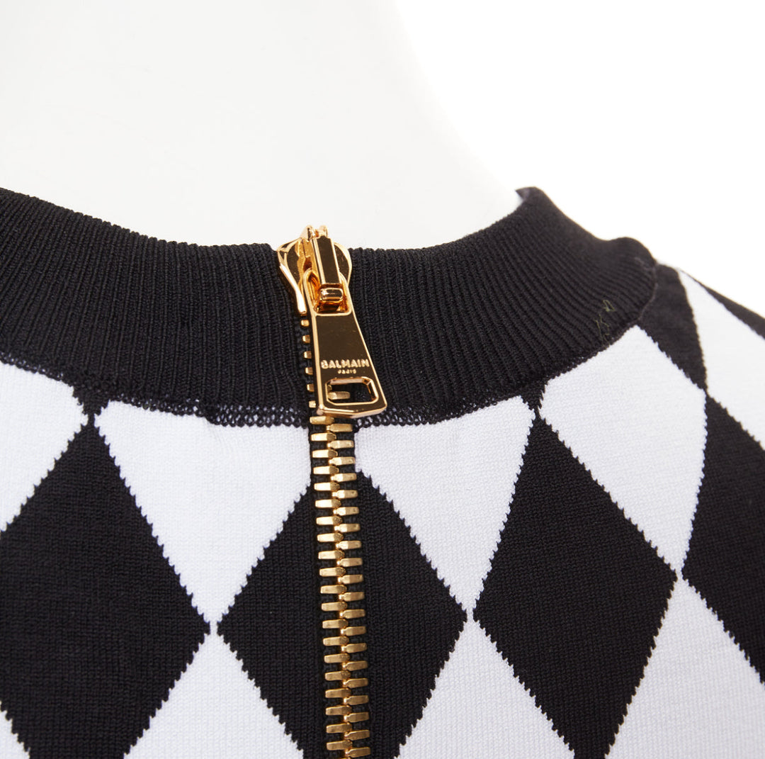 BALMAIN 2022 Harlequin black white diamond check gold lion buttons crop top FR36