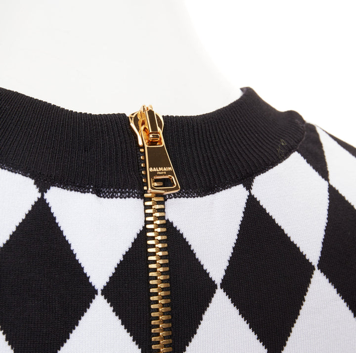 BALMAIN 2022 Harlequin black white diamond check gold lion buttons crop top FR36