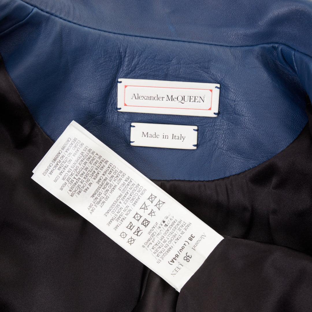 ALEXANDER MCQUEEN Asymmetric blue leather belted cropped biker outerwear IT40 S