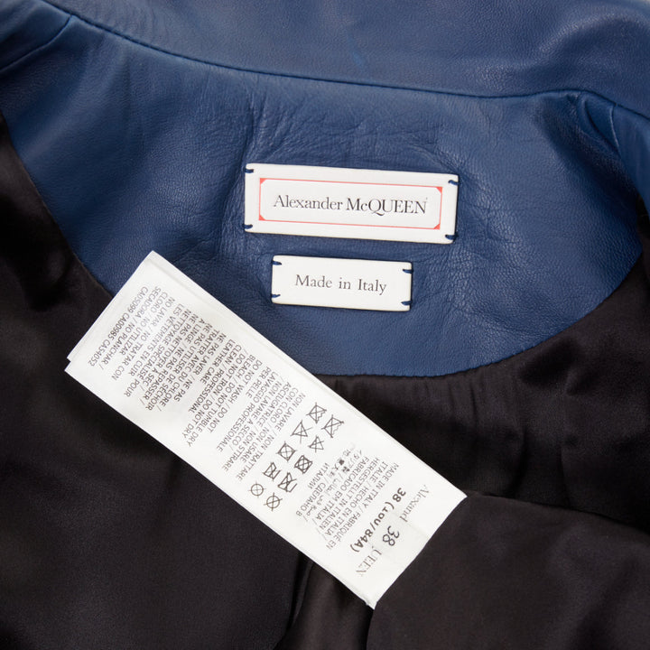 ALEXANDER MCQUEEN Asymmetric blue leather belted cropped biker outerwear IT40 S