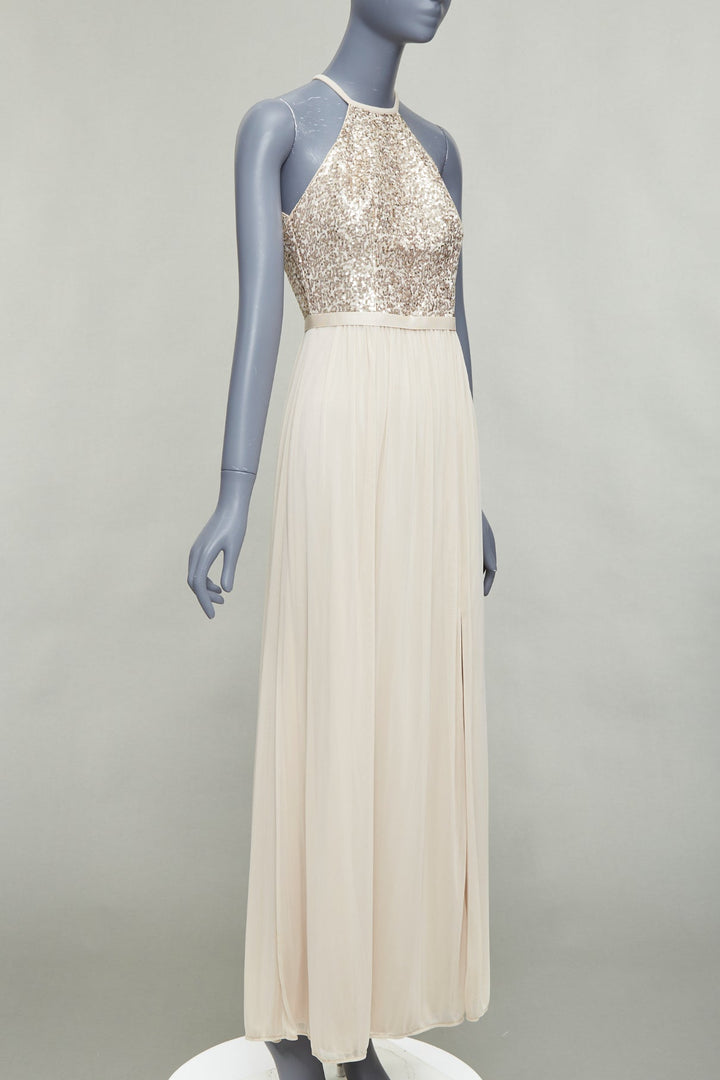 DAVID'S BRIDAL champagne sequin bodice halter ruched goddess dress US0 XS