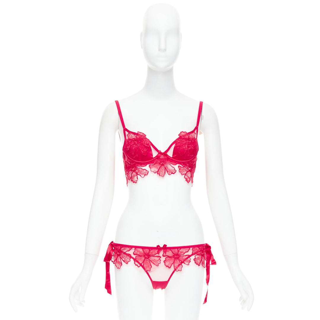 AGENT PROVOCATEUR Serephina red floral lace cotton trim bow lingerie set 86B M
