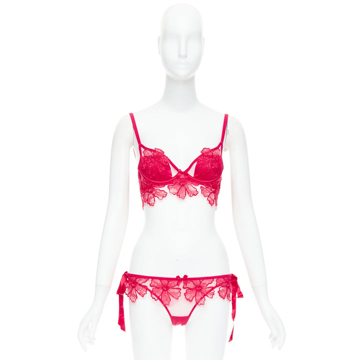 AGENT PROVOCATEUR Serephina red floral lace cotton trim bow lingerie set 86B M