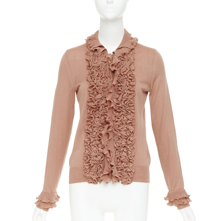YVES SAINT LAURENT Rive Gauche beige wool ruffle tier cuff knit cardigan XS