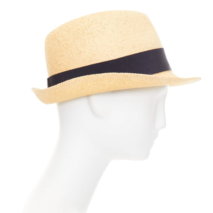 CHANEL beige straw raffia grosgrain ribbon CC logo trilby hat L