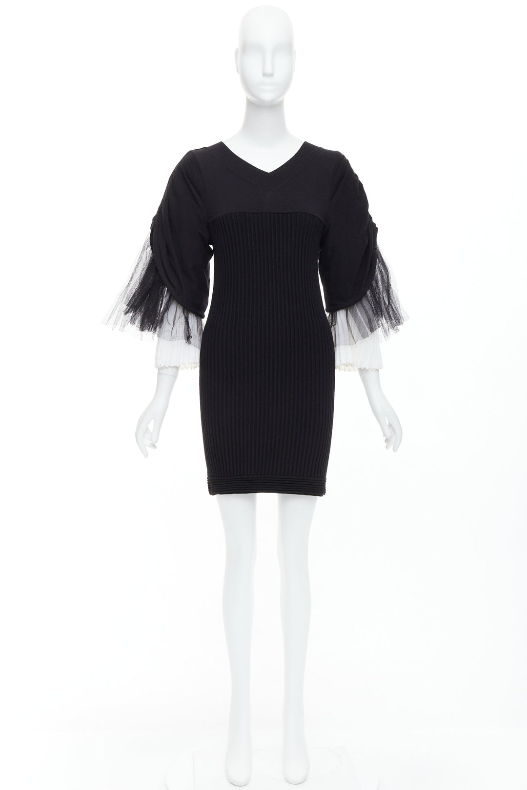 CHANEL 09P Runway Vintage black cream cotton puff tulle sleeve dress FR38 M