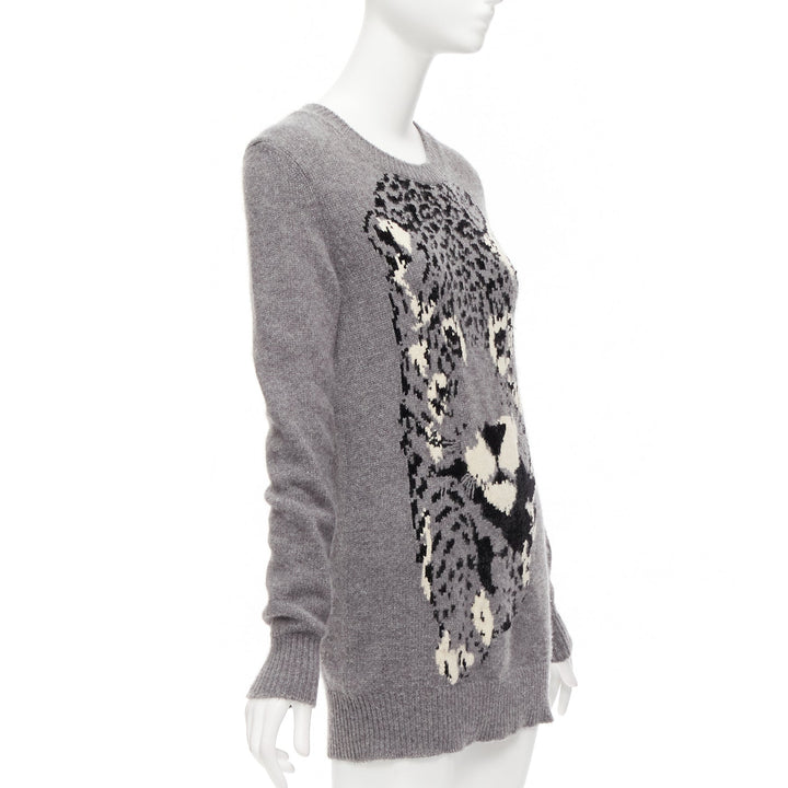 STELLA MCCARTNEY grey black cream leopard intarsia crew neck knitted dress
