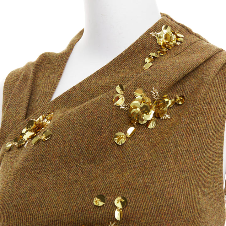 rare SHUSHU TONG Backless brown wool gold sequin fit flare dress UK6 XS