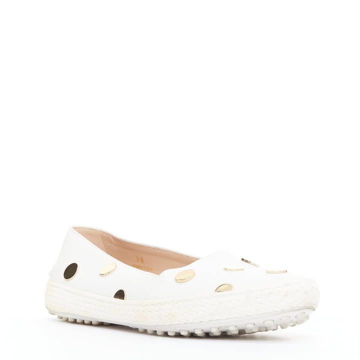 TOD'S white gold mirror polka dot leather espadrille loafers EU36