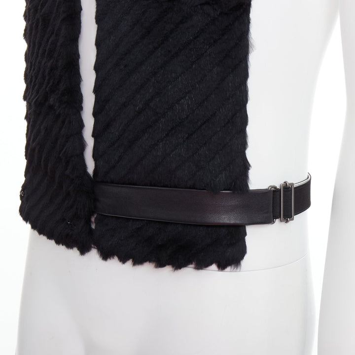 VERSACE black textured rabbit fur soft leather belt shawl scarf vest