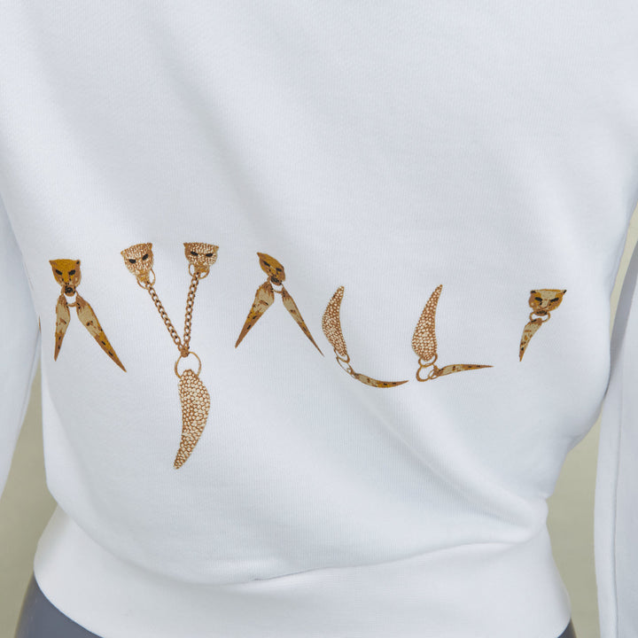 ROBERTO CAVALLI 2022 white cotton crystal embellish snake chain crop hoodie  XS