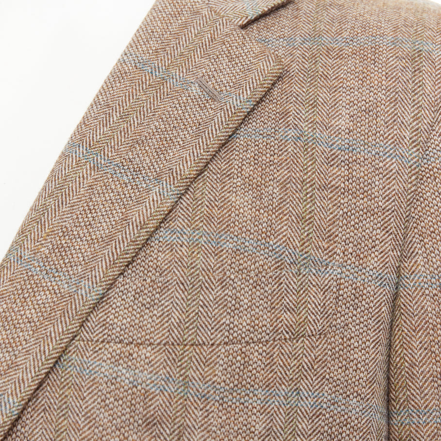 HERMES brown blue wool mohair cashmere checked full canvas blazer EU50 L