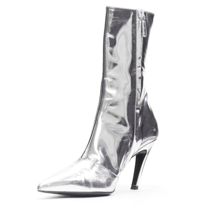 BALENCIAGA Demna silver metallic mirrored leather high ankle boots EU38