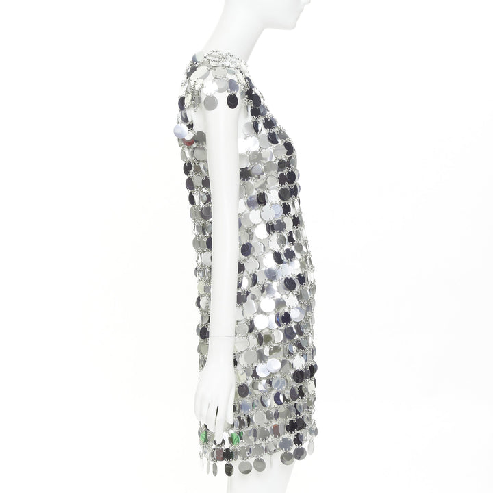 PACO RABANNE Iconic Silver Sparkle sequin chain discs mini dress FR38 M