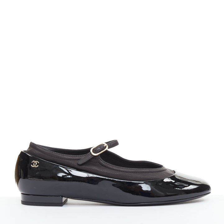 CHANEL 16P G31741 black patent leather silver CC logo mary jane flats EU38