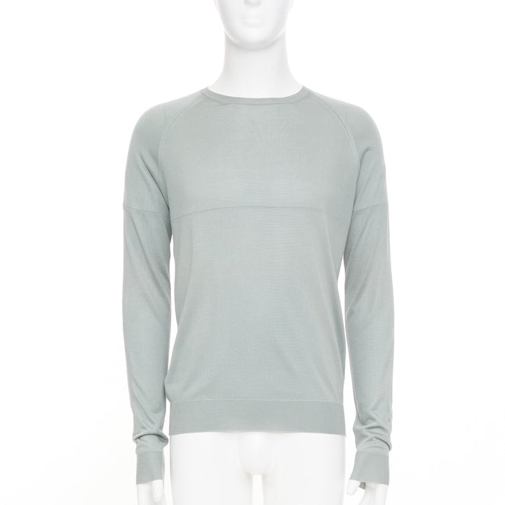 PRADA sage green grey panelled fine knit silk crewneck pullover sweater IT48 M