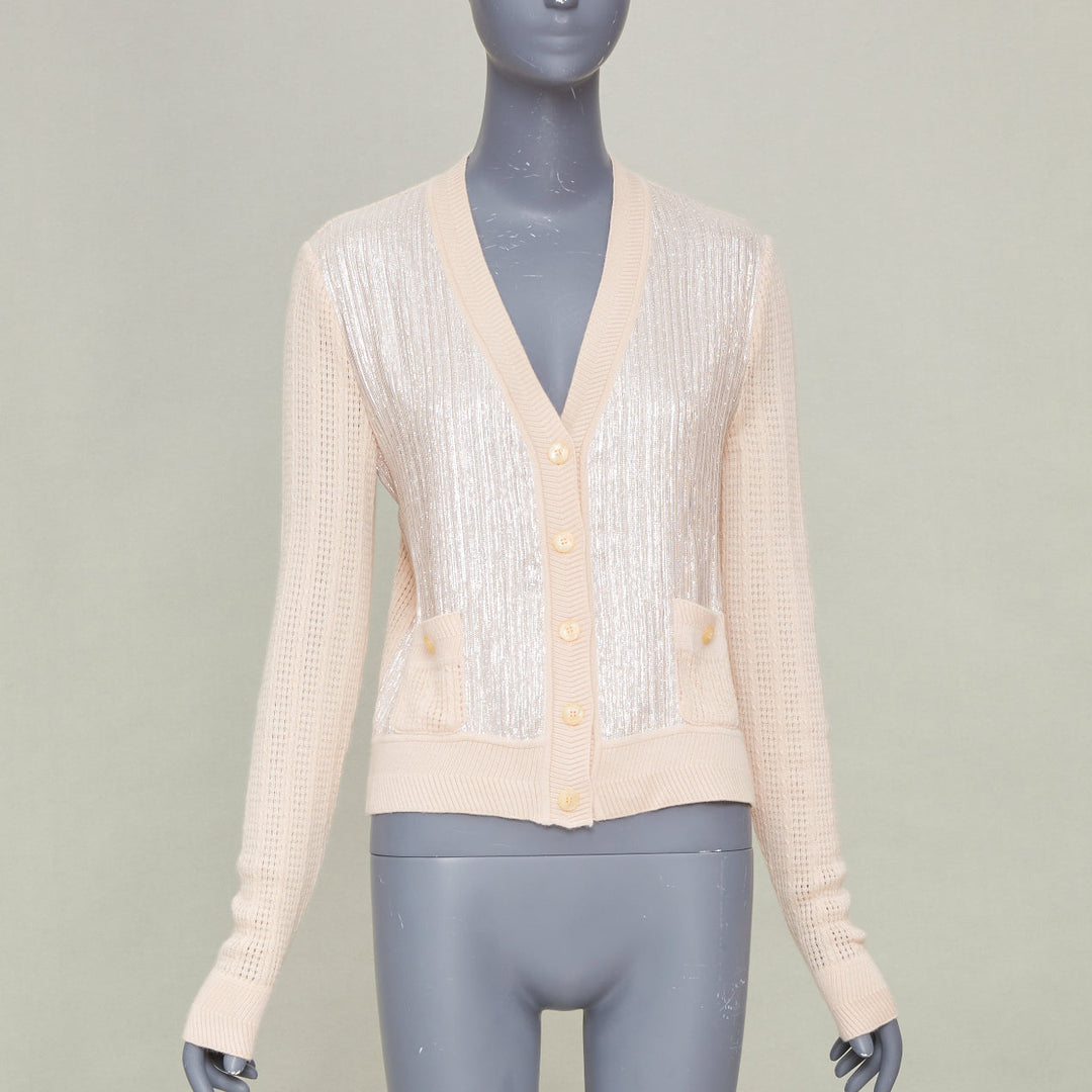 NINA RICCI silver metallic foil panel beige cashmere silk cardigan sweater IT40