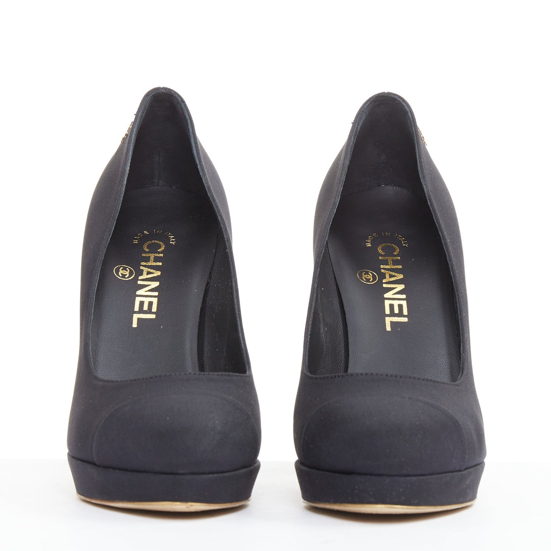 CHANEL 08A black satin gold sculpted metal bolt heel platform pumps EU37.5