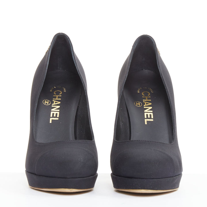 CHANEL 08A black satin gold sculpted metal bolt heel platform pumps EU37.5