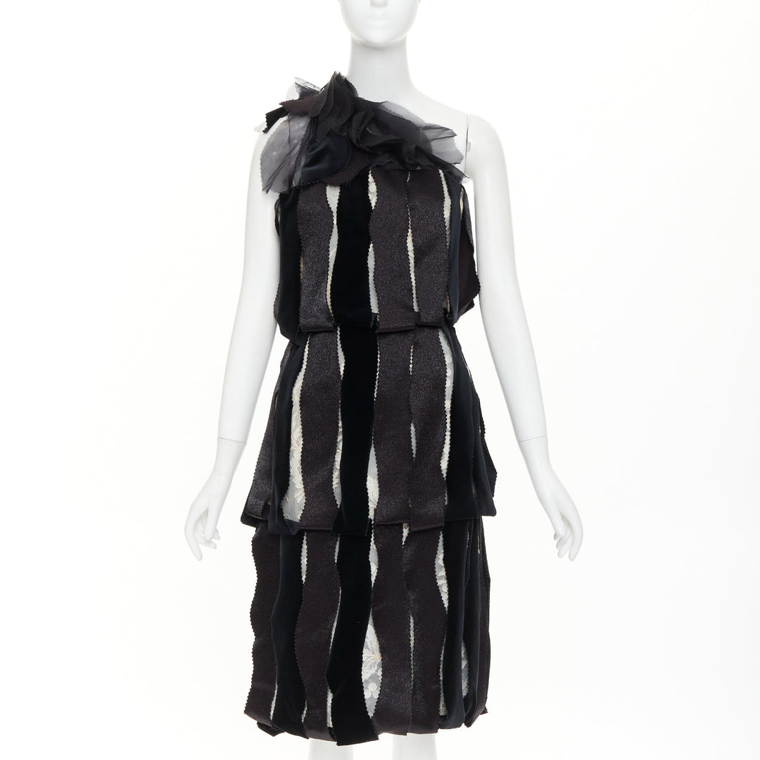 RODARTE 2007 Runway Vintage black velvet ribbon lace layered midi dress UK8 S
