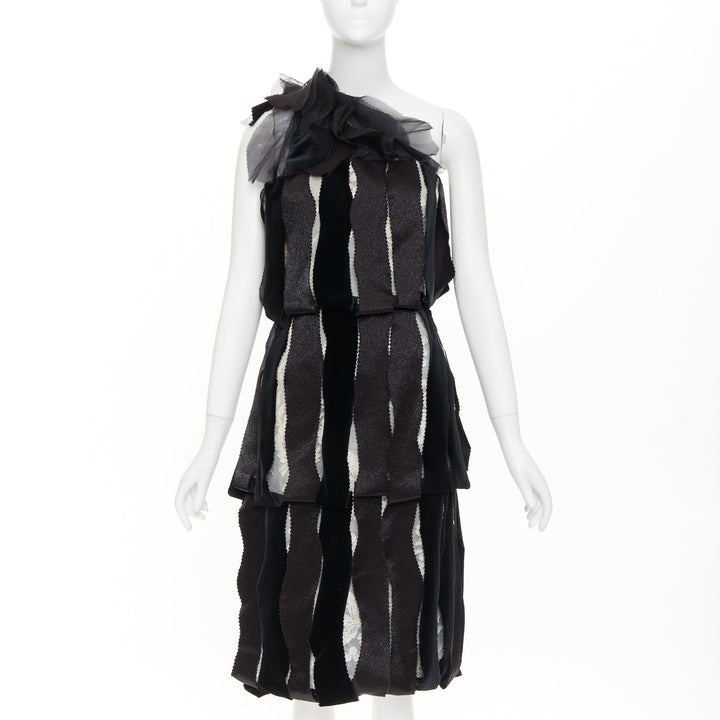 RODARTE 2007 Runway Vintage black velvet ribbon lace layered midi dress UK8 S