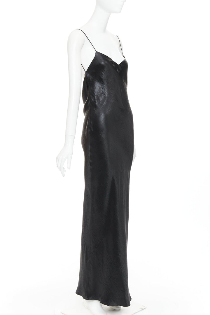 SAINT LAURENT 2023 Runway black iridescent satin plunge cowl back dress FR42 XL