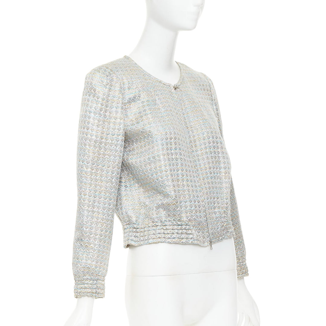DRIES VAN NOTEN 2017 silver multicolor geometric jacquard crop jacket FR40 L