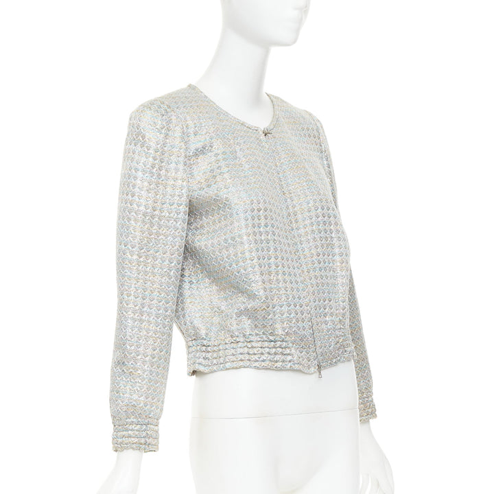 DRIES VAN NOTEN 2017 silver multicolor geometric jacquard crop jacket FR40 L