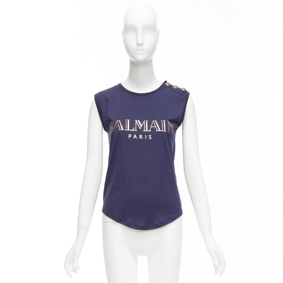 BALMAIN navy gold foil logo military button shoulder tank top FR34 XS