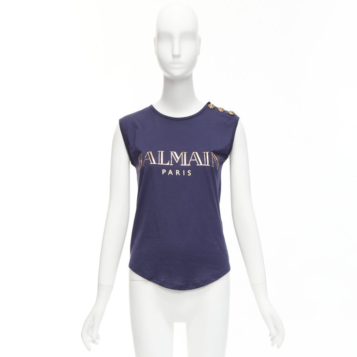 BALMAIN navy gold foil logo military button shoulder tank top FR34 XS