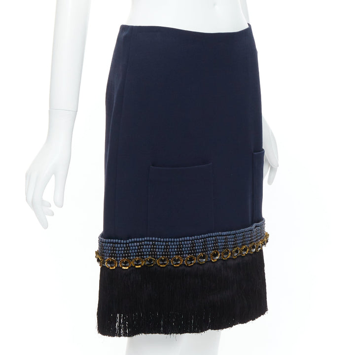 MARNI navy bead black crystal fringe embellished hem knee skirt IT38 XS