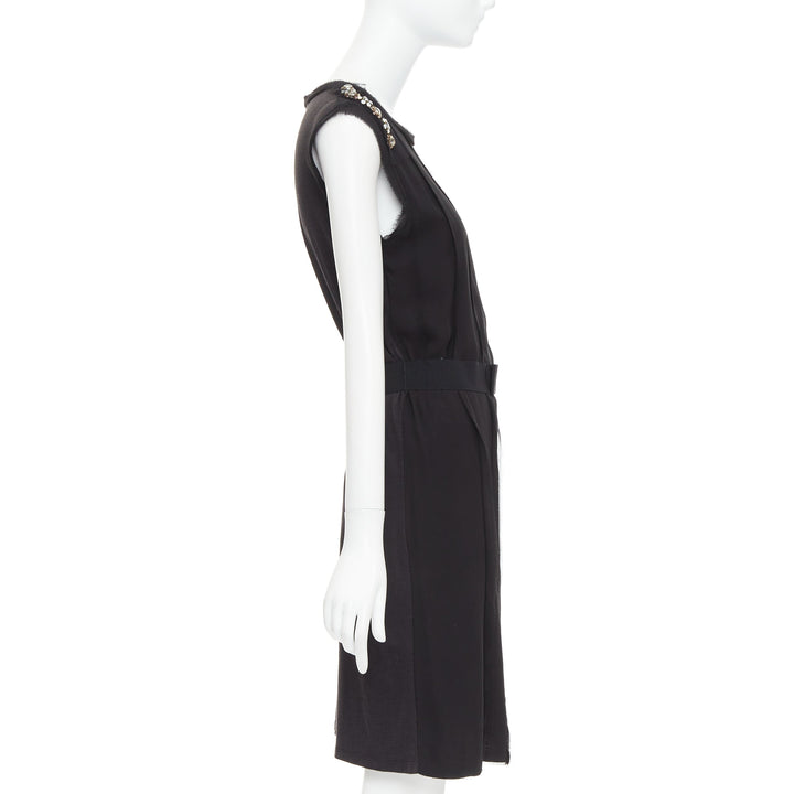 LANVIN black bamboo cotton crystal rhinestone belted dress M