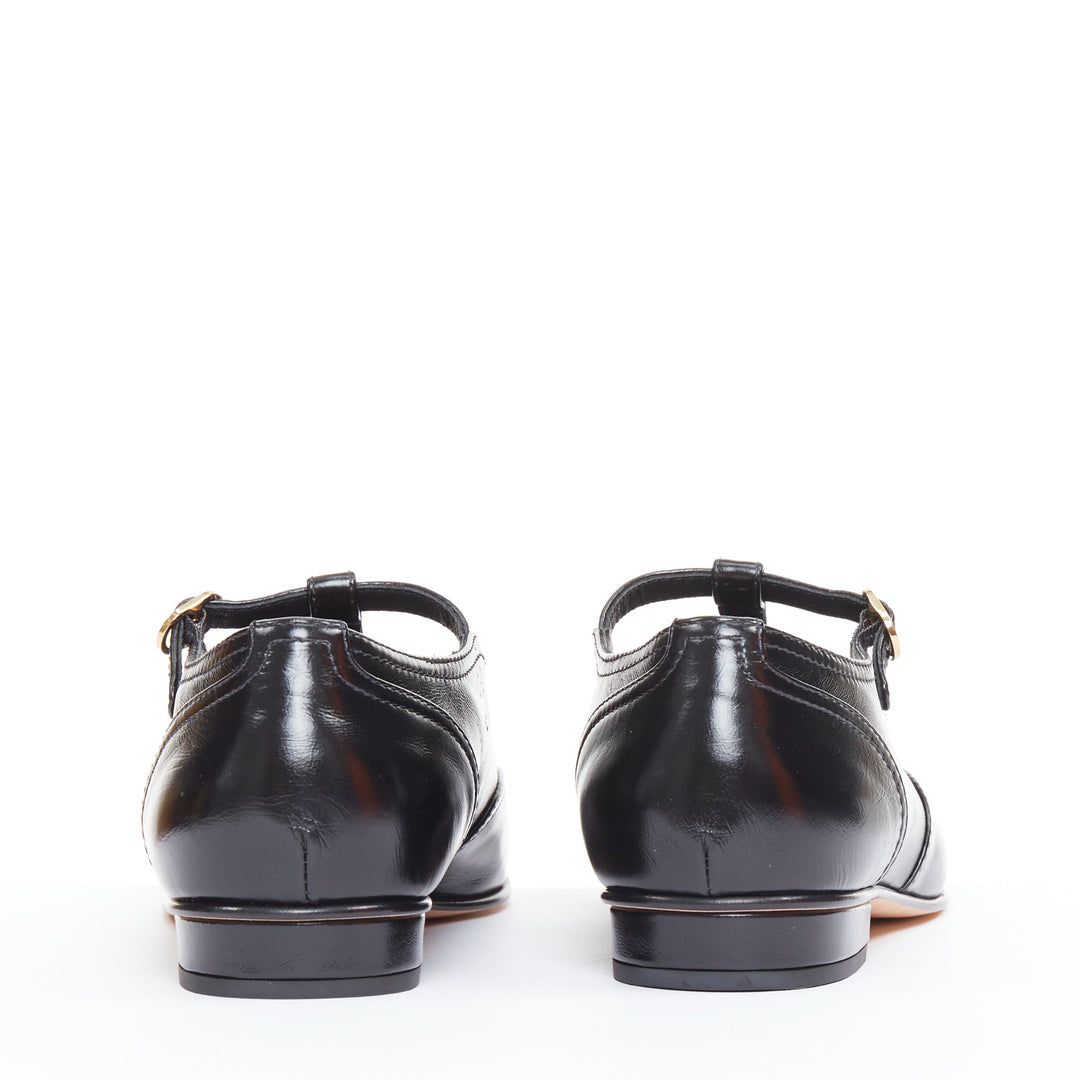 CHANEL 2023 black leather grosgrain CC cap toe T-Strap mary jane flats EU39.5