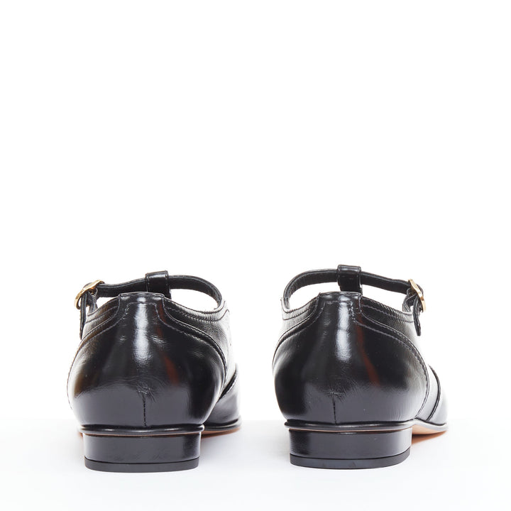 CHANEL 2023 black leather grosgrain CC cap toe T-Strap mary jane flats EU39.5