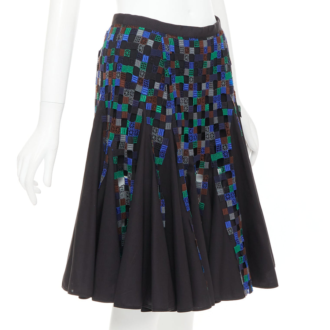 SACAI 2016 blue green square eyelet embroidery cotton blend flared skirt JP1 S