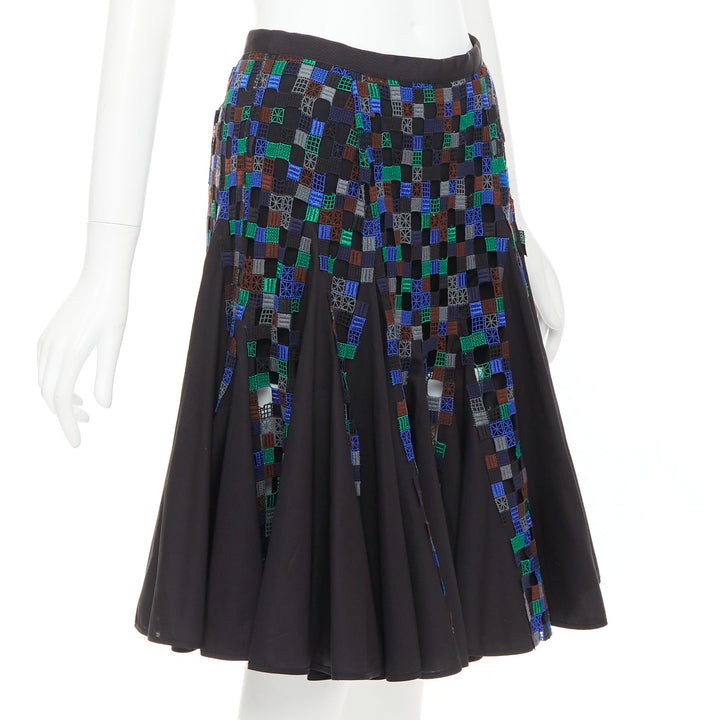 SACAI 2016 blue green square eyelet embroidery cotton blend flared skirt JP1 S