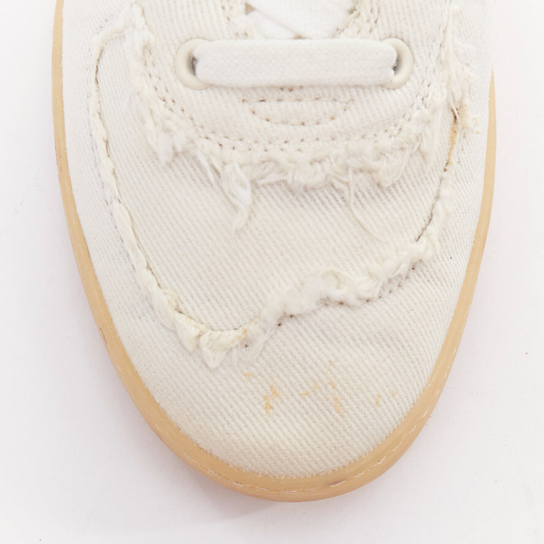 MIU MIU Denim beige raw cut frayed canvas skateboard sneakers EU37