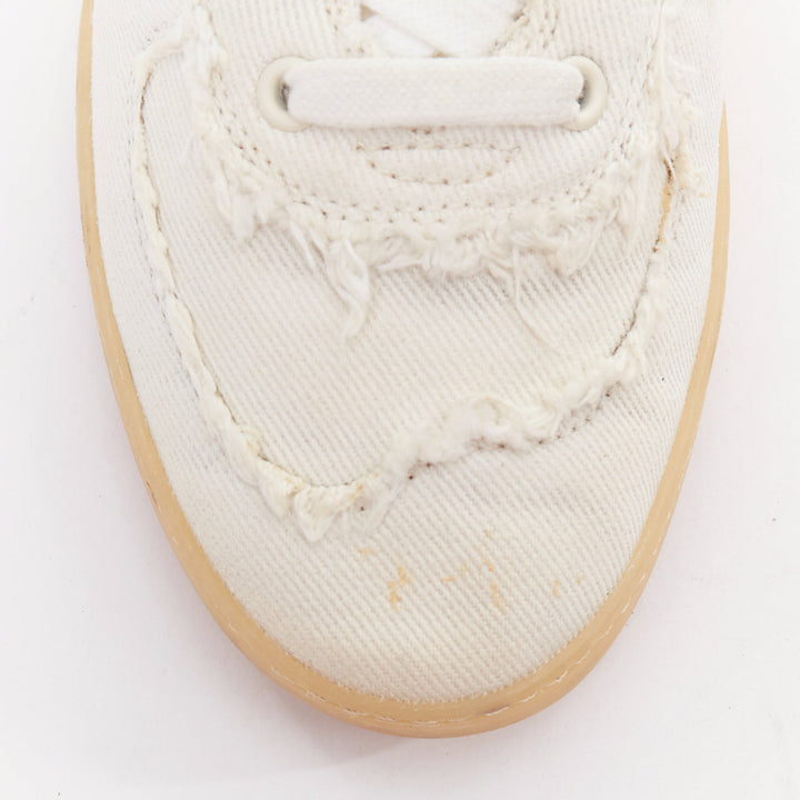 MIU MIU Denim beige raw cut frayed canvas skateboard sneakers EU37