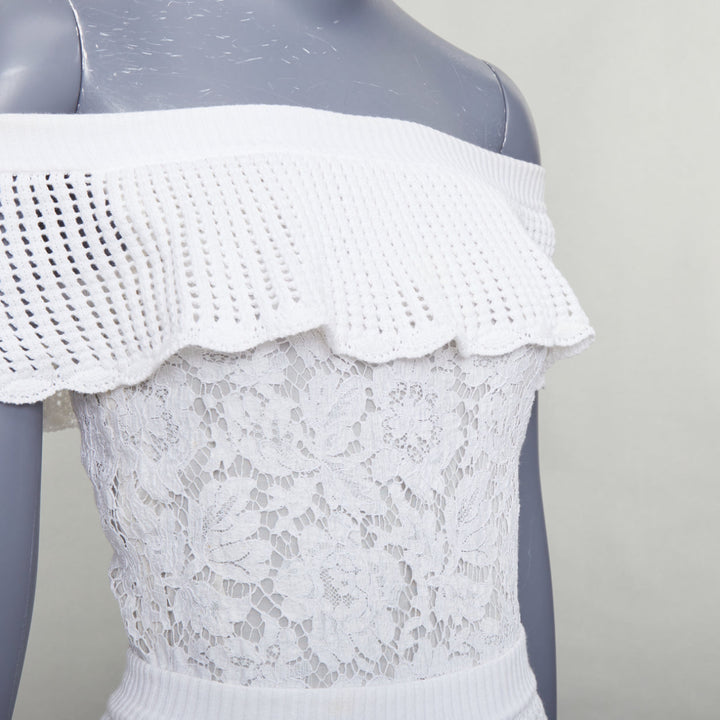VALENTINO white cotton multi knit lace off shoulder silk lined playsuit XS