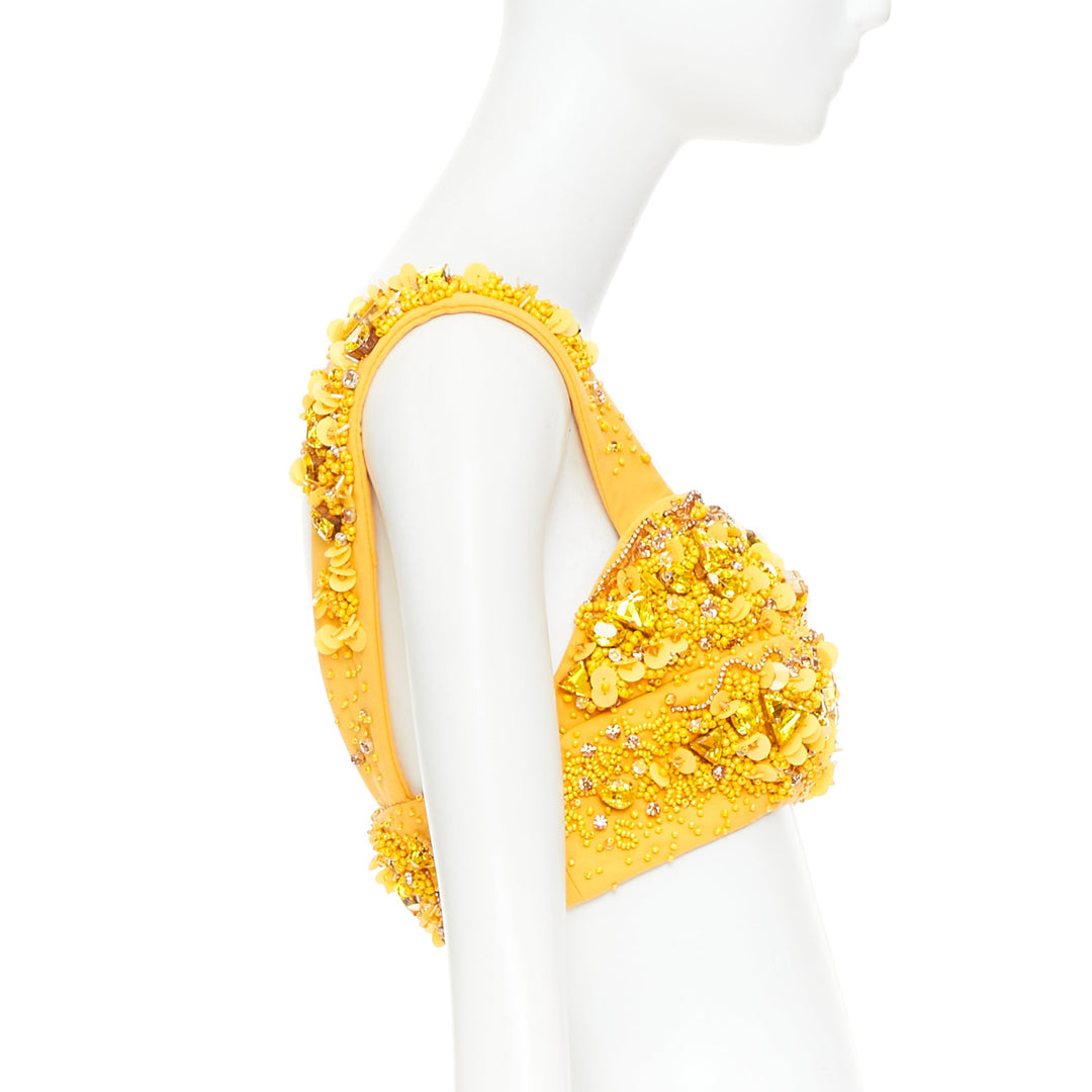 rare PRADA 2014 Runway yellow wool crystal jewel encrusted bustier top IT38 XS