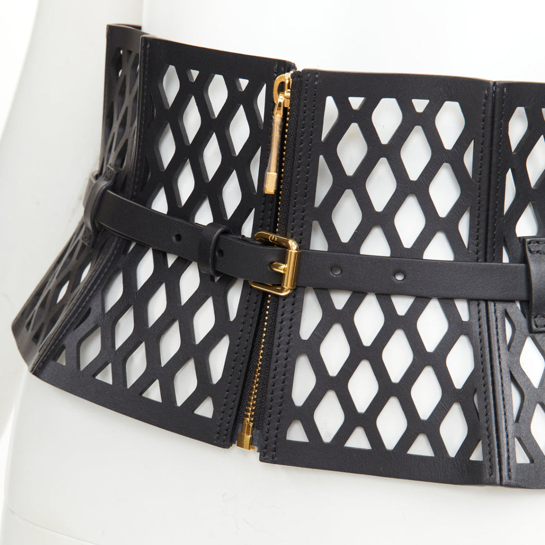 CHRISTIAN DIOR 2020 Runway D-Trap black laser cut fishnet leather corset belt M