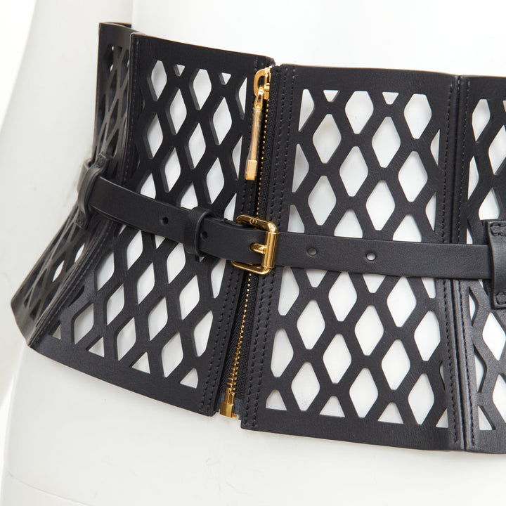CHRISTIAN DIOR 2020 Runway D-Trap black laser cut fishnet leather corset belt M